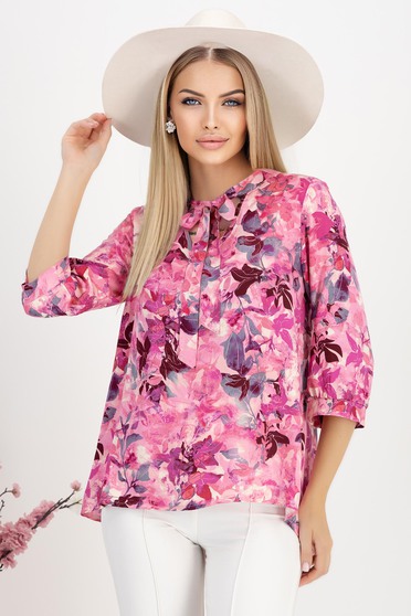 Bluza dama din in si viscoza roz usor asimetrica cu croi larg si guler tip esarfa - StarShinerS