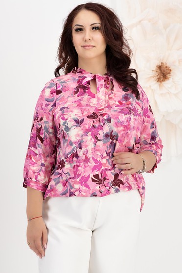 Bluza dama din in si viscoza roz usor asimetrica cu croi larg si guler tip esarfa - StarShinerS