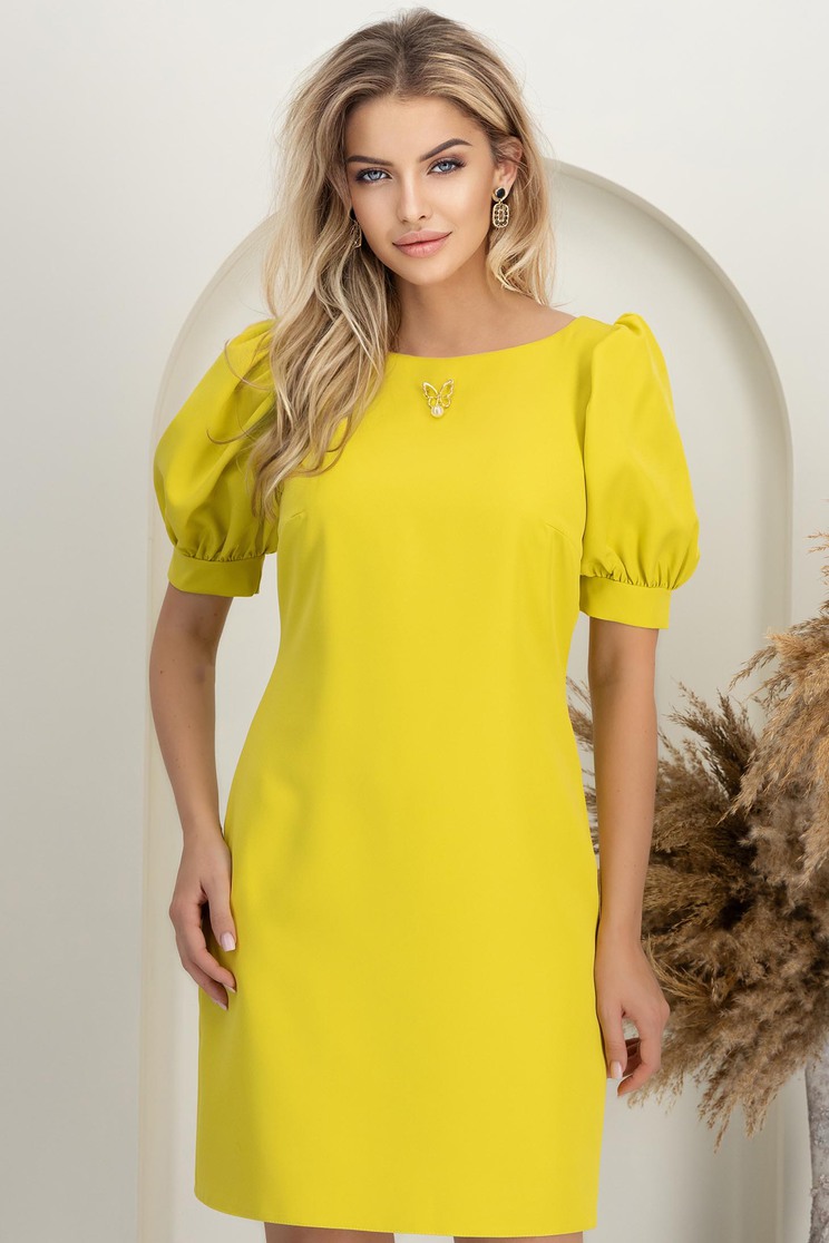 Rochie din stofa elastica galbena scurta cu un croi drept si maneci scurte bufante - StarShinerS