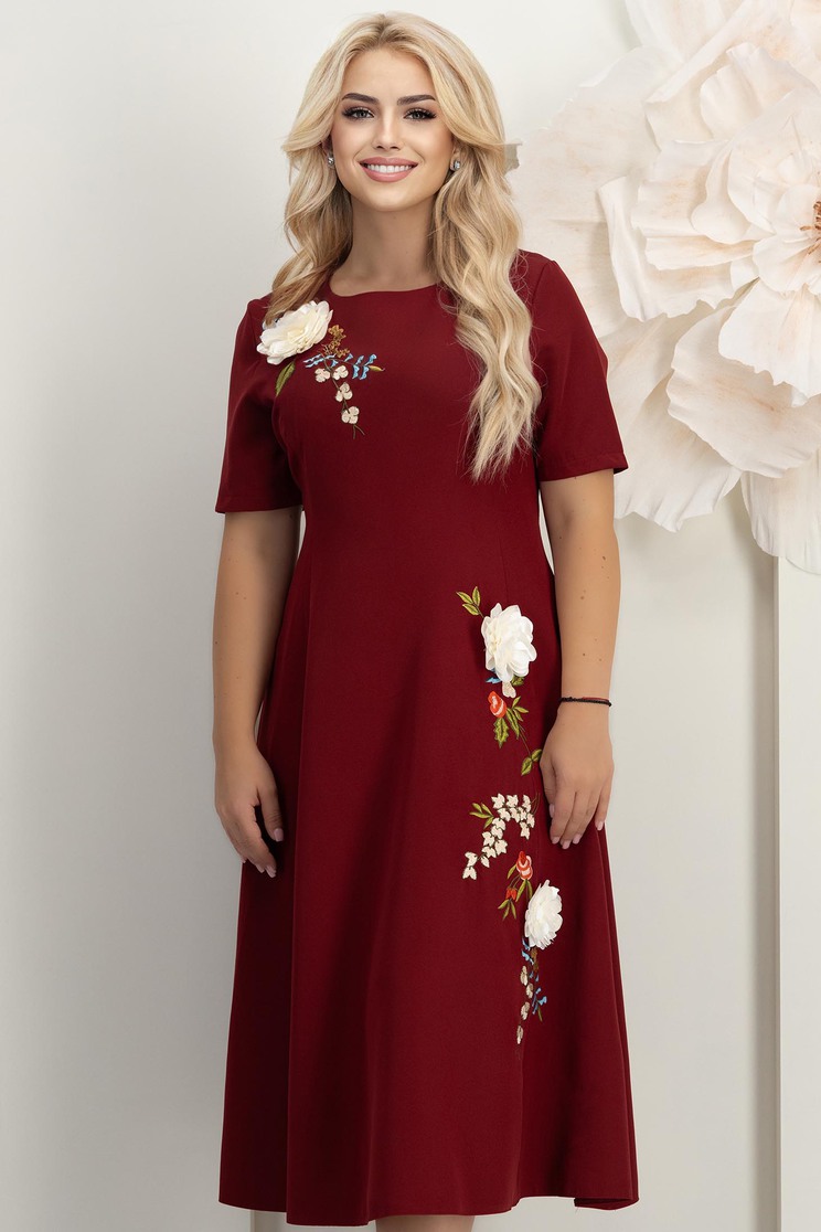 Rochie din stofa elastica visinie midi in clos cu detalii brodate si flori 3D - StarShinerS