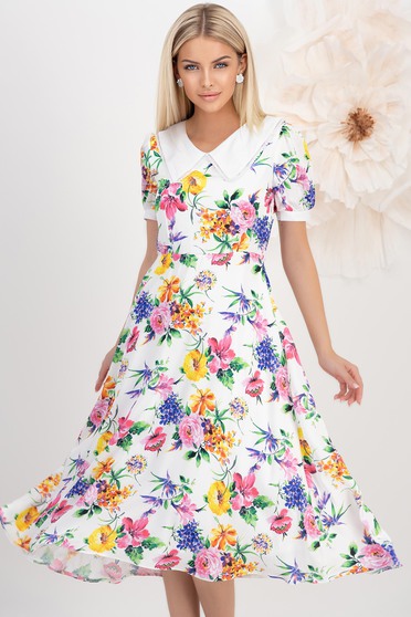 Rochie din satin multicolora midi in clos cu elastic in talie la spate si guler contrastant cu fir stralucitor - StarShinerS