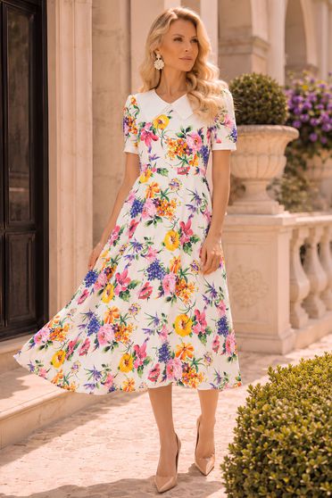 Rochie din satin multicolora midi in clos cu elastic in talie - StarShinerS