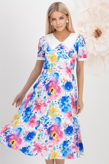 Rochie din satin multicolora midi in clos cu elastic in talie la spate si guler contrastant cu fir stralucitor - StarShinerS