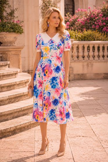 Rochie din satin multicolora midi in clos cu elastic in talie - StarShinerS