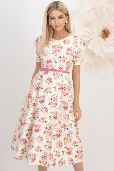 Rochie din stofa elastica crem midi in clos cu accesoriu tip curea imprimata floral - StarShinerS