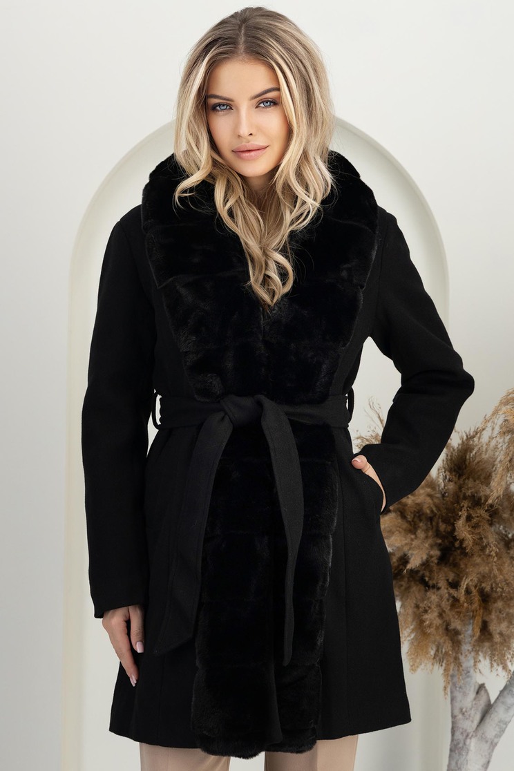 Palton din stofa negru cu un croi drept si insertii de blana ecologica detasabile