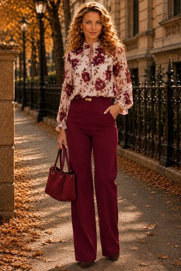Pantaloni lungi visinii evazati cu buzunare laterale si accesoriu un talie- StarShinerS