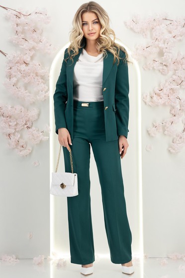 Pantaloni lungi din stofa verde-inchis evazati cu accesoriu in talie - StarShinerS