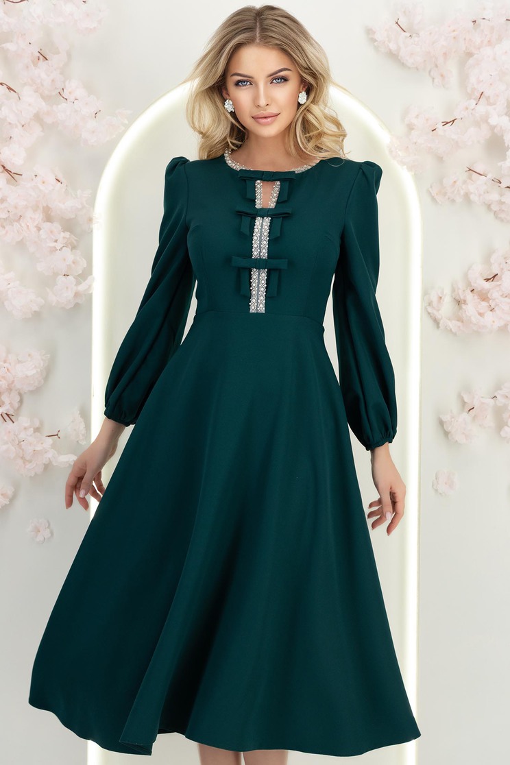 rochite midi Rochie din stofa elastica verde-inchis midi in clos accesorizata cu fundite si pietre strass frontal - StarShinerS