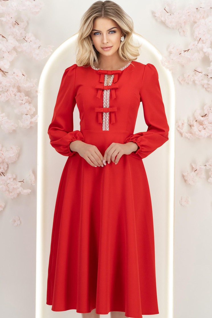 rochite midi Rochie din stofa elastica rosie midi in clos accesorizata cu fundite si pietre strass frontal - StarShinerS