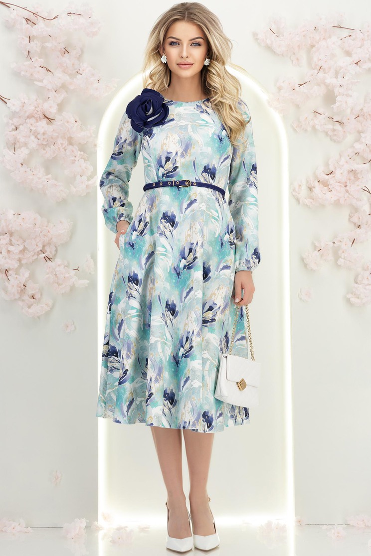 rochite midi Rochie din stofa elastica albastra-deschis midi in clos accesorizata cu brosa florara si curea detasabile- StarShinerS