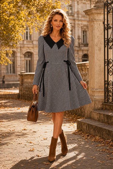 Rochie din stofa elastica neagra midi in clos cu buzunare laterale si guler - StarShinerS