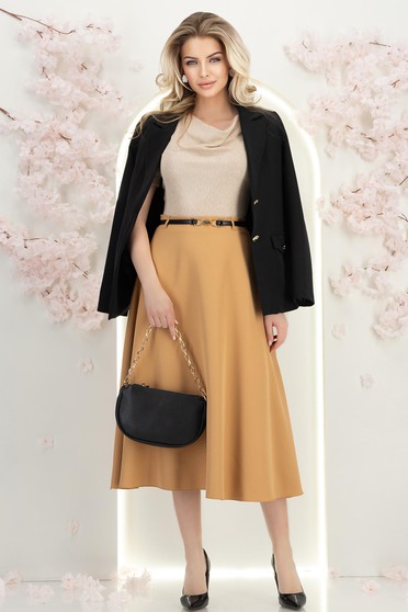 Fusta din stofa mocha midi in clos cu accesoriu tip curea - StarShinerS