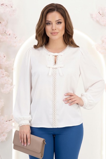 Bluza dama din satin alba cu croi larg accesorizata cu fundite perle - StarShinerS