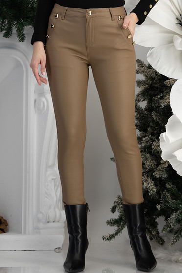 Bež ženske hlače izrađena od eko kože punog struka dug