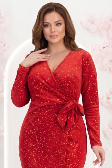 Rochie din catifea rosie cu sclipici scurta tip creion cu decolteu petrecut - StarShinerS