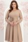 Rochie din stofa elastica bej midi in clos cu brosa in forma de floare cu buzunare 1 - StarShinerS.ro