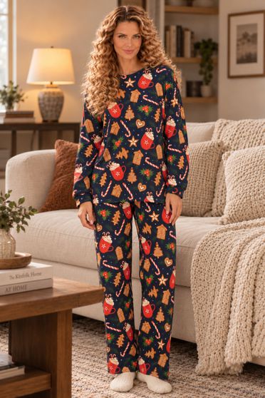 Pijama pufoasa din viscoza bleumarin imprimata festiv cu un croi larg si elastic in talie