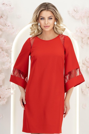 Rochie din stofa rosie scurta cu un croi larg si aplicatii de dantela - StarShinerS