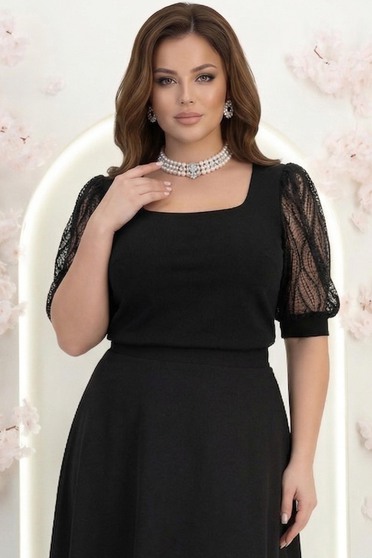 Bluza din crep neagra mulata cu maneci trei-sferturi din dantela - StarShinerS