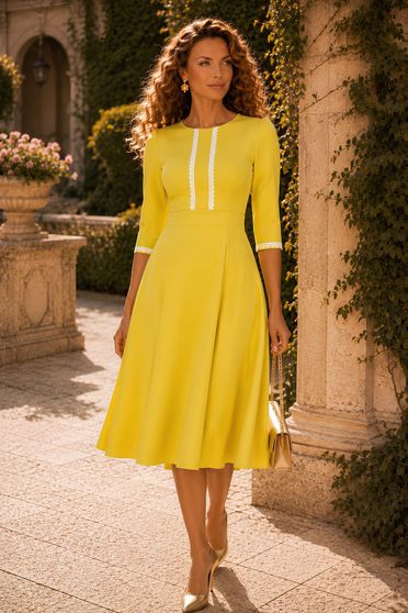 Rochii Casual – Colecția 2026 creată de StarShinerS® - Pagina 2, Rochie din stofa verde lime midi in clos cu insertii de dantela- StarShinerS - StarShinerS.ro