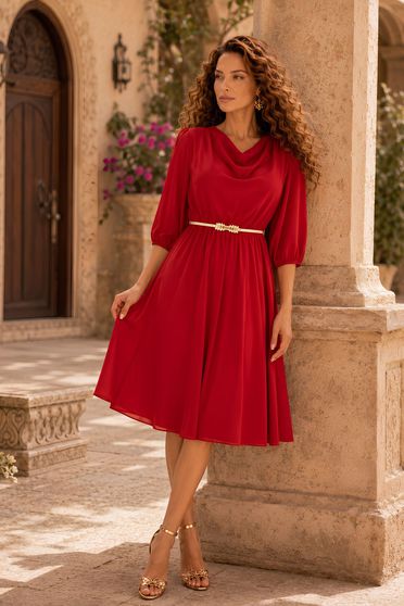 Rochii Casual – Colecția 2026 creată de StarShinerS® - Pagina 2, Rochie din voal rosie midi in clos cu elastic in talie si decolteu cazut- StarShinerS - StarShinerS.ro