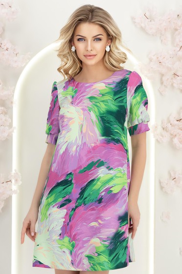 Rochie din stofa roz scurta cu un croi larg si maneci bufante - StarShinerS