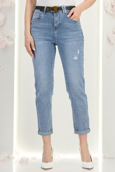 Blugi albastri lungi skinny cu accesoriu tip curea