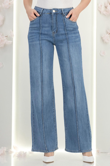 Blugi albastri lungi straight fit cu talie inalta si buzunare laterale