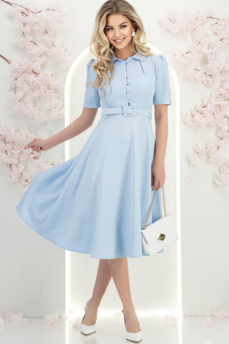 fusta midi clos Rochie din stofa albastru deschis midi in clos cu accesoriu tip curea- StarShinerS