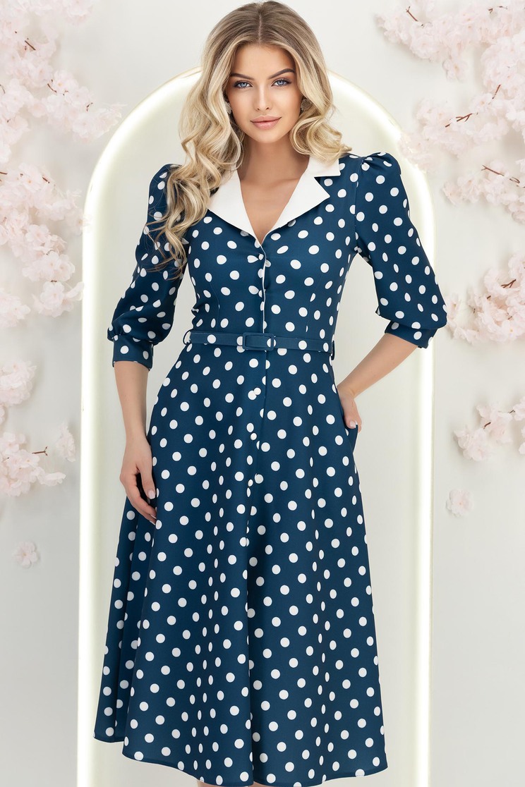rochite midi Rochie din stofa bleumarin cu buline midi in clos cu accesoriu tip curea si buzunare - StarShinerS