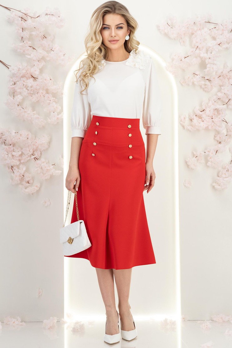rochite midi Fusta din stofa rosie midi in clini cu nasturi decorativi aurii - StarShinerS