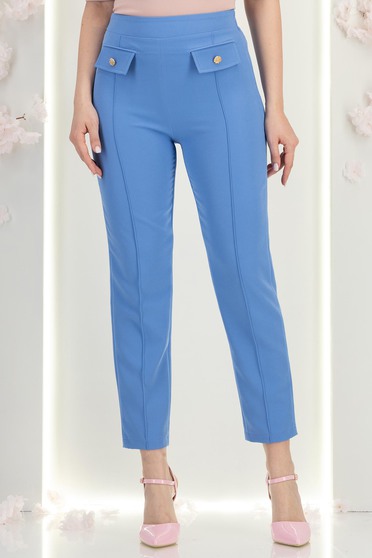 Pantaloni din stofa albastri deschis cu talie inalta conici cu buzunare false - StarShinerS