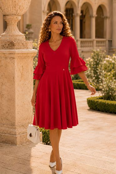 Rochii Casual – Colecția 2026 creată de StarShinerS® - Pagina 2, Rochie din modal rosie midi in clos cu mâneci tip clopot - StarShinerS - StarShinerS.ro