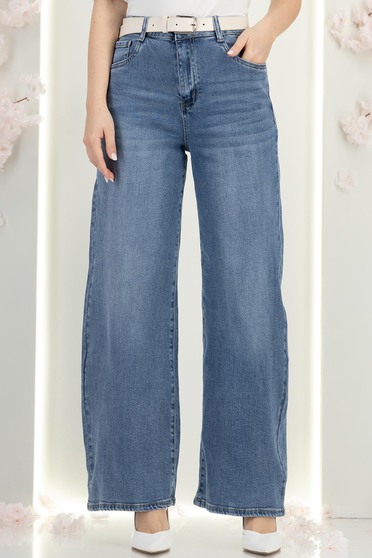 Blugi albastri wide leg cu buzunare laterale si accesoriu tip curea
