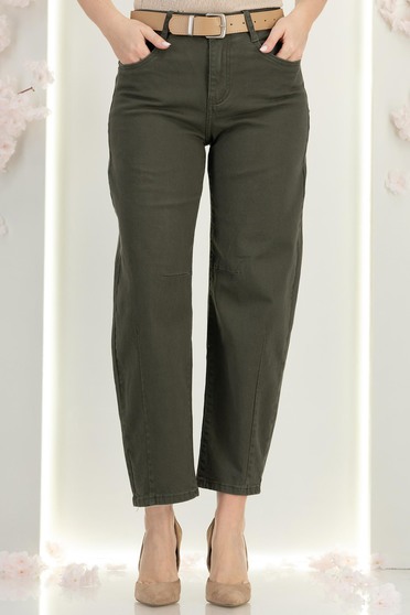 Blugi kaki cu talie inalta mom fit cu accesoriu tip curea