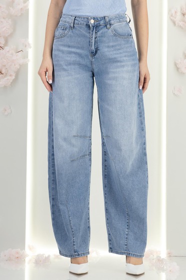 Blugi lungi albastri wide leg cu buzunare laterale