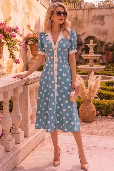 Rochie din stofa turcoaz cu buline midi in clos cu nasturi aurii decorativi - StarShinerS