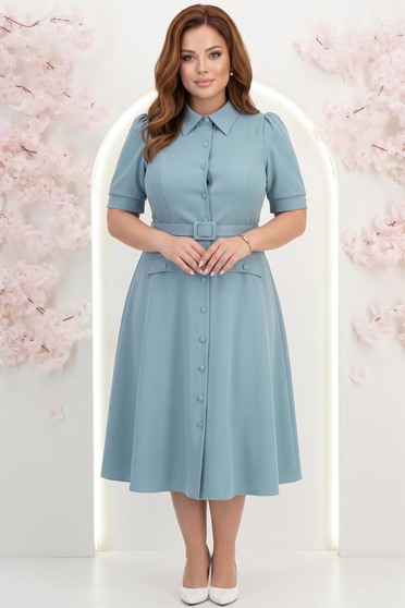 Rochie din stofa turcoaz midi in clos cu accesoriu tip curea si buzunare false- StarShinerS