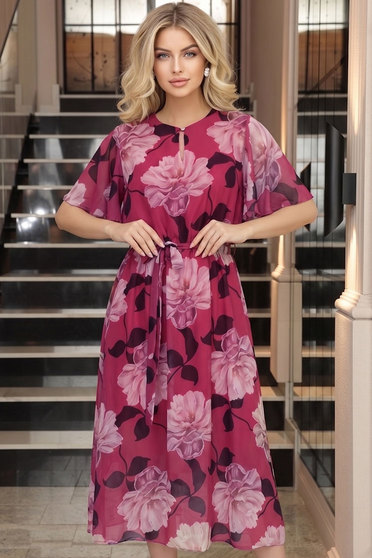 Rochie din material fluid roz midi in clos cu elastic in talie si cordon detasabil