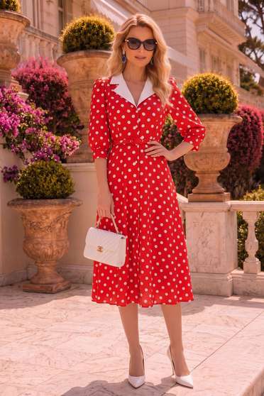 Rochii Elegante Damă – Colecția 2026 Creată în Atelierul StarShinerS® - Pagina 4, Rochie rosie cu buline midi in clos cu accesoriu tip curea si buzunare - StarShinerS - StarShinerS.ro