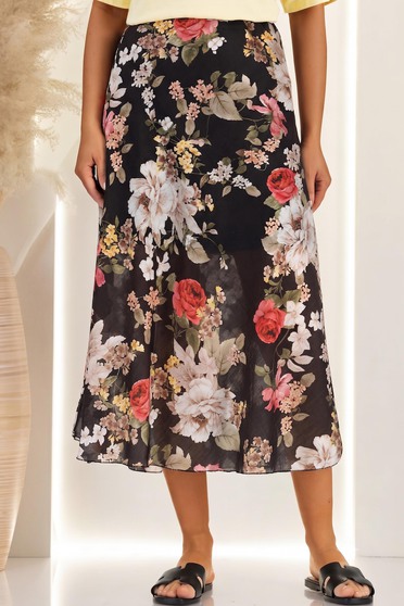 Fusta din material fluid neagra midi in clos cu imprimeu floral