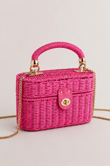 Geanta dama impletita ovala din ratan fuchsia