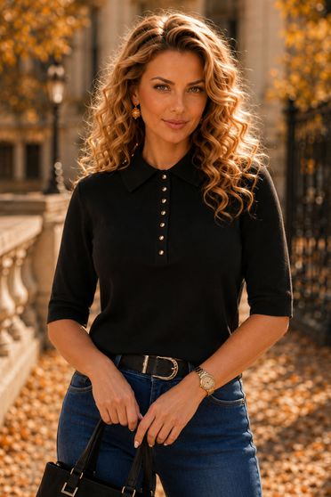 Bluza dama din tricot fin neagra cu maneca scurta si croi larg cu nasturi contrastanti