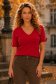 Bluza dama din tricot fin rosie cu maneca scurta mulata si accesoriu tip perla
