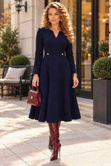 Rochie bleumarin maneca lunga din stofa elastica midi clos