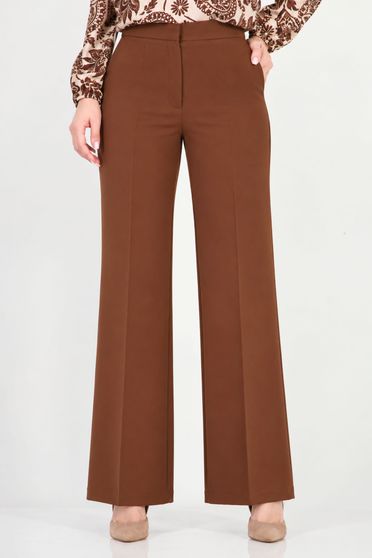 Pantaloni drepti maro lungi din stofa elastica si viscoza