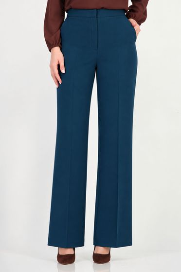 Pantaloni drepti verde petrol din stofa elastica si viscoza
