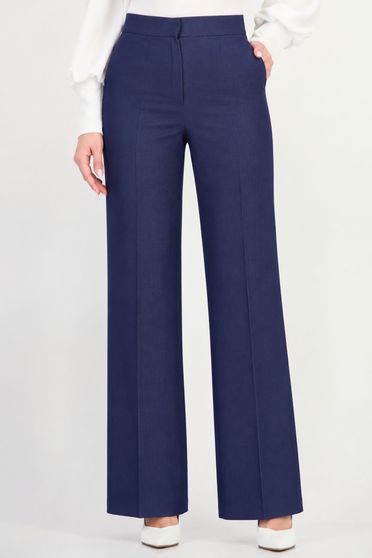 Pantaloni drepti bleumarin lungi din stofa elastica