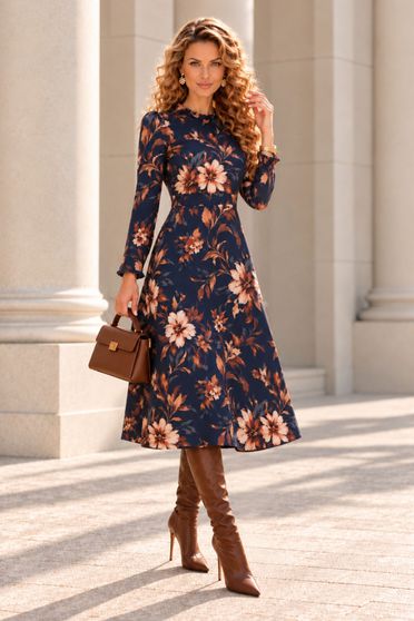 Rochie bleumarin midi, în clos, din stofă elastică